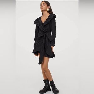 NWT Sandra Mansour H&M Ruffled bow detail wrap black Taffeta Dress size large